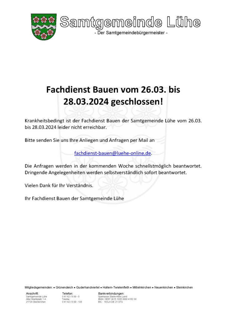 Fachdienst Bauen geschlossen!